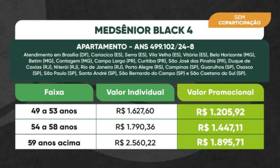 Tabela de preços plano Medsênior black DF